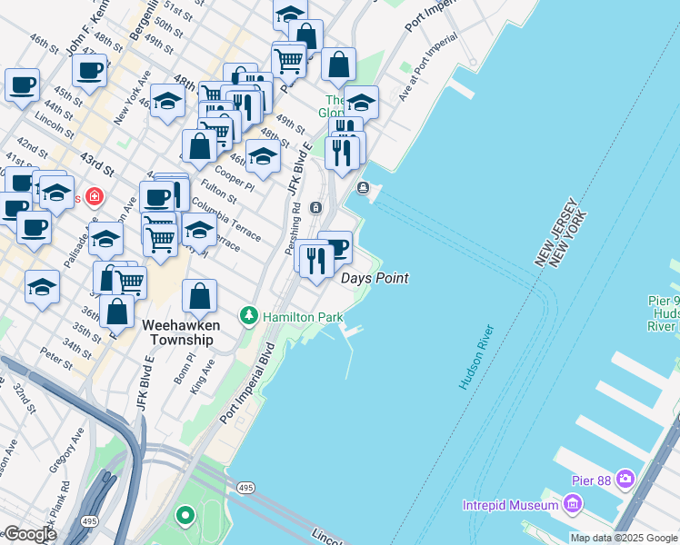 map of restaurants, bars, coffee shops, grocery stores, and more near 1200 Avenue at Port Imperial in Weehawken