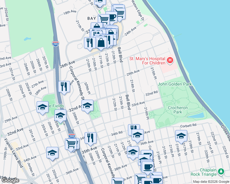 map of restaurants, bars, coffee shops, grocery stores, and more near 32-12 213th Street in Queens