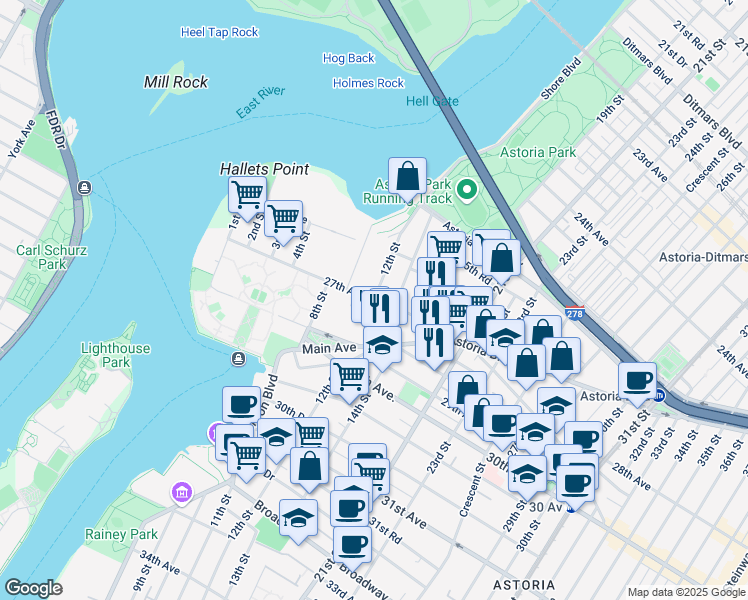map of restaurants, bars, coffee shops, grocery stores, and more near 2726 12th Street in Queens