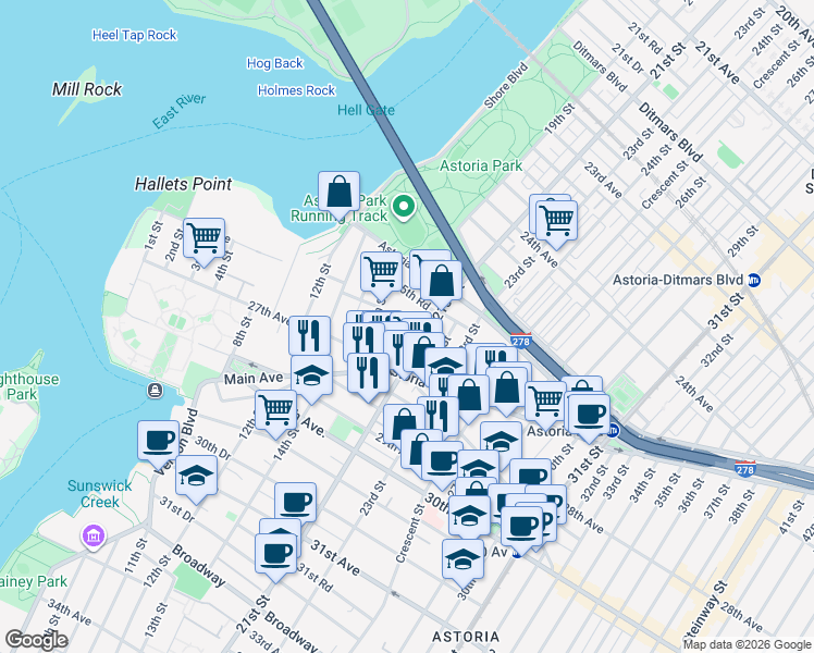 map of restaurants, bars, coffee shops, grocery stores, and more near 18-34 26th Avenue in Queens