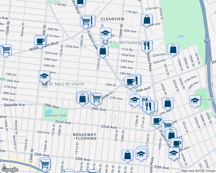 map of restaurants, bars, coffee shops, grocery stores, and more near 163-32 26th Avenue in Queens