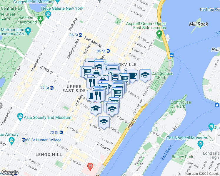 map of restaurants, bars, coffee shops, grocery stores, and more near 401 East 81st Street in New York