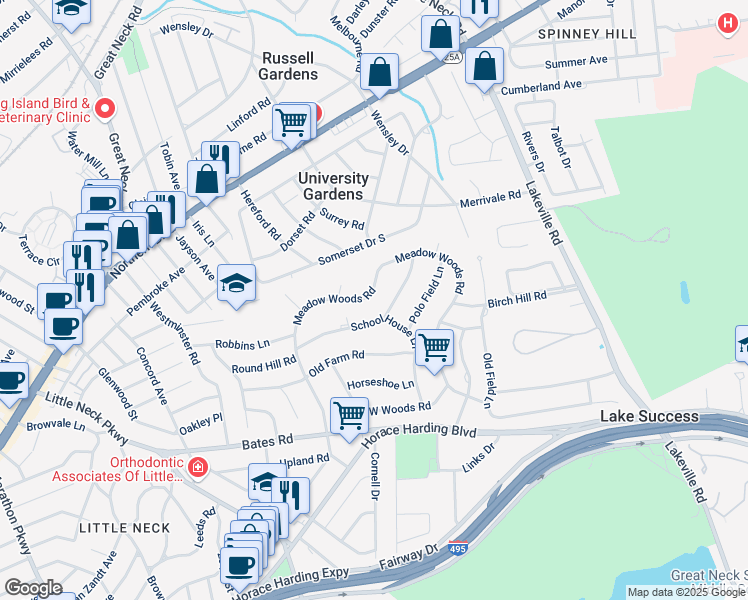 map of restaurants, bars, coffee shops, grocery stores, and more near 24 School House Lane in Lake Success