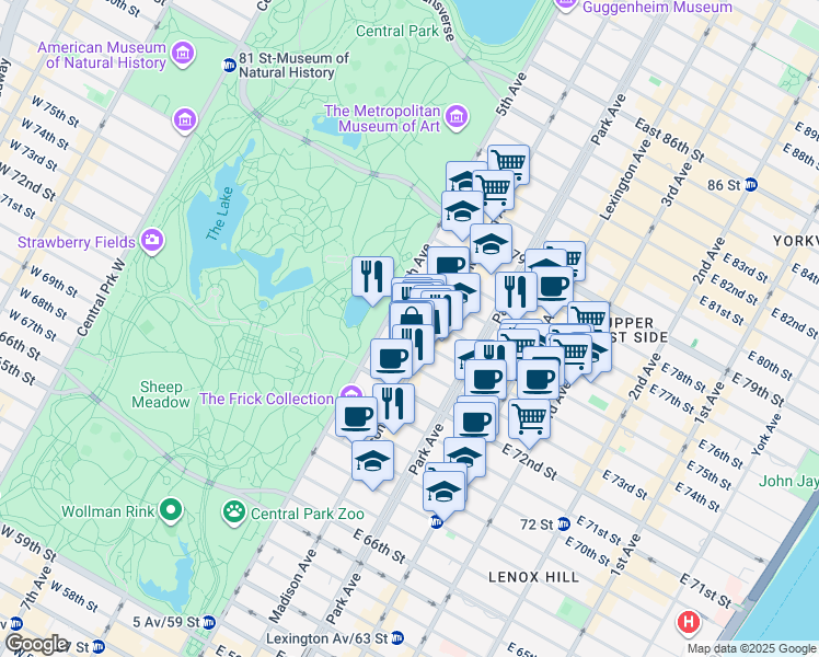 map of restaurants, bars, coffee shops, grocery stores, and more near 9 East 74th Street in New York
