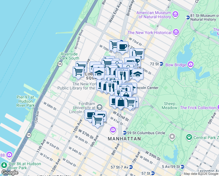 map of restaurants, bars, coffee shops, grocery stores, and more near 138 West 65th Street in New York
