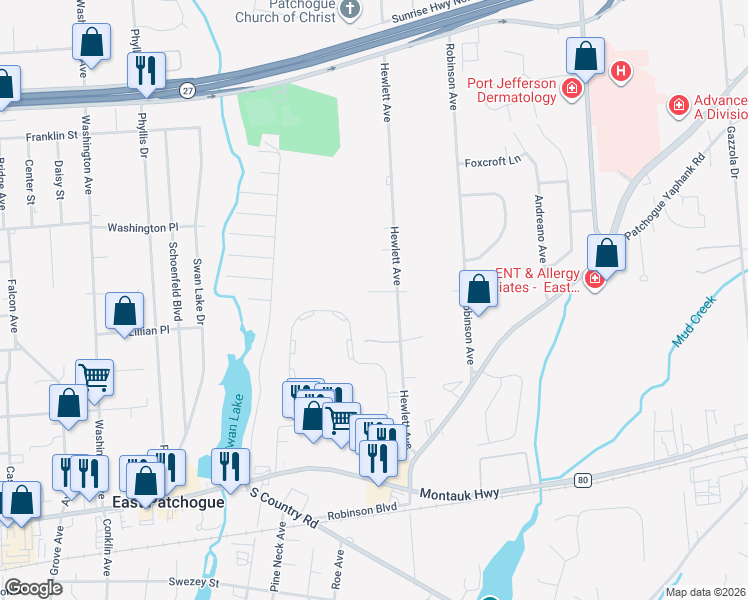 map of restaurants, bars, coffee shops, grocery stores, and more near 4 Rupolo Court in Patchogue