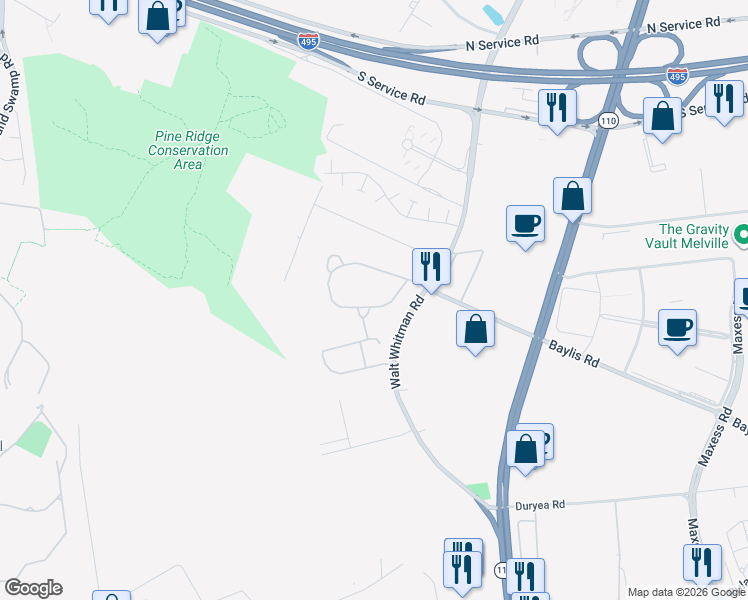 map of restaurants, bars, coffee shops, grocery stores, and more near 5 Northgate Court in Melville