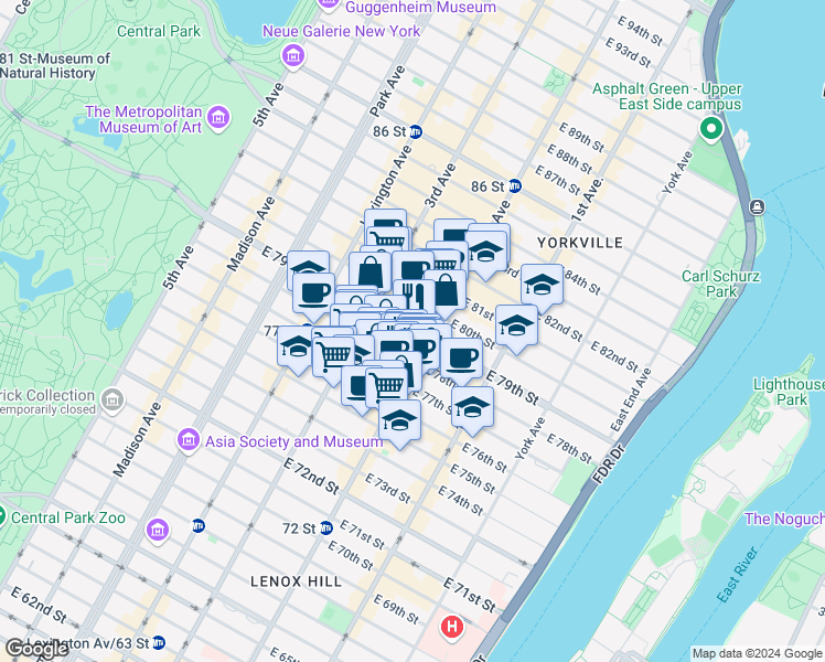 map of restaurants, bars, coffee shops, grocery stores, and more near 235 East 79th Street in New York