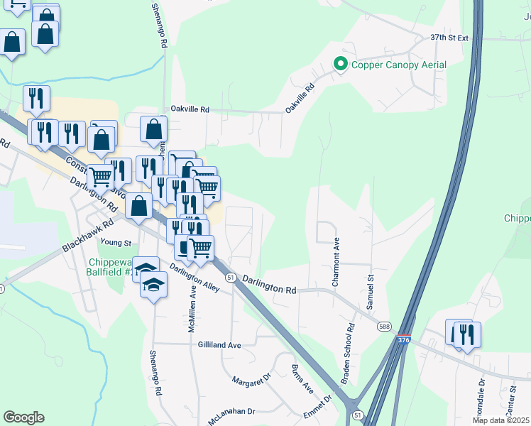 map of restaurants, bars, coffee shops, grocery stores, and more near 2454 Darlington Road in Beaver Falls