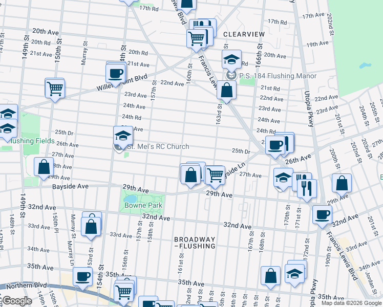 map of restaurants, bars, coffee shops, grocery stores, and more near 160-21 26th Avenue in Queens