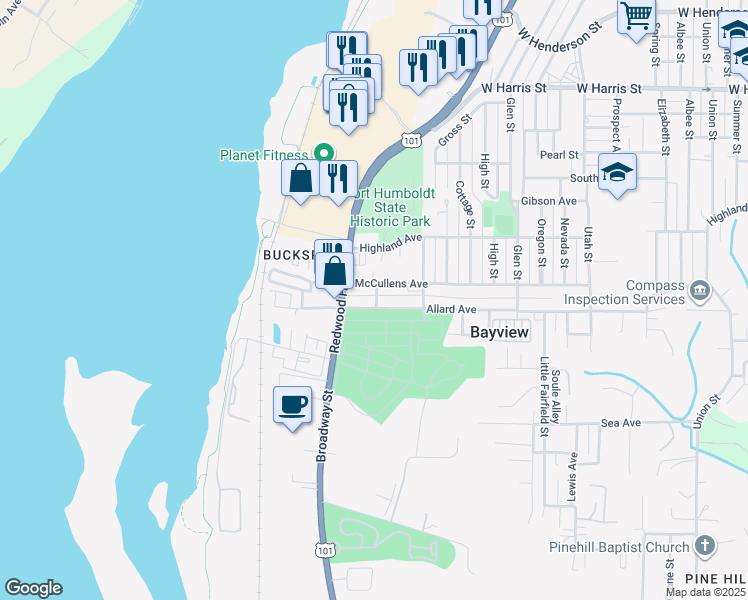 map of restaurants, bars, coffee shops, grocery stores, and more near 1608 Allard Avenue in Eureka