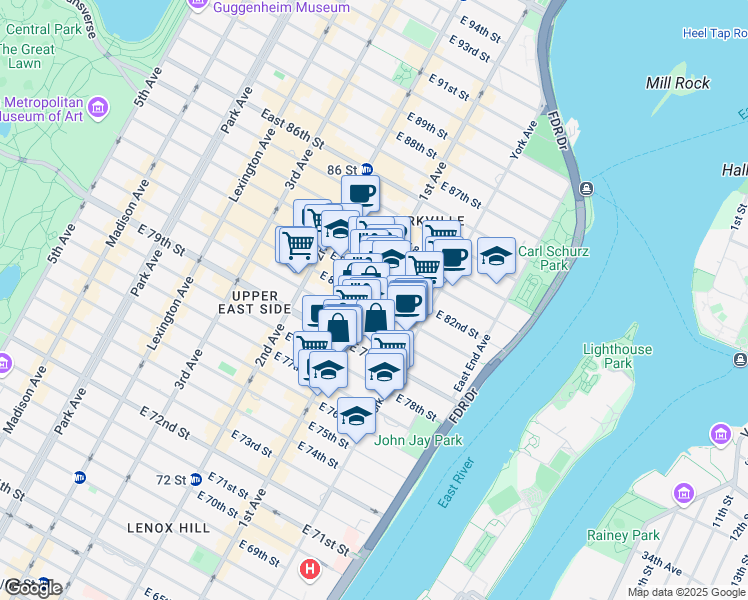 map of restaurants, bars, coffee shops, grocery stores, and more near 415-419 East 80th Street in New York