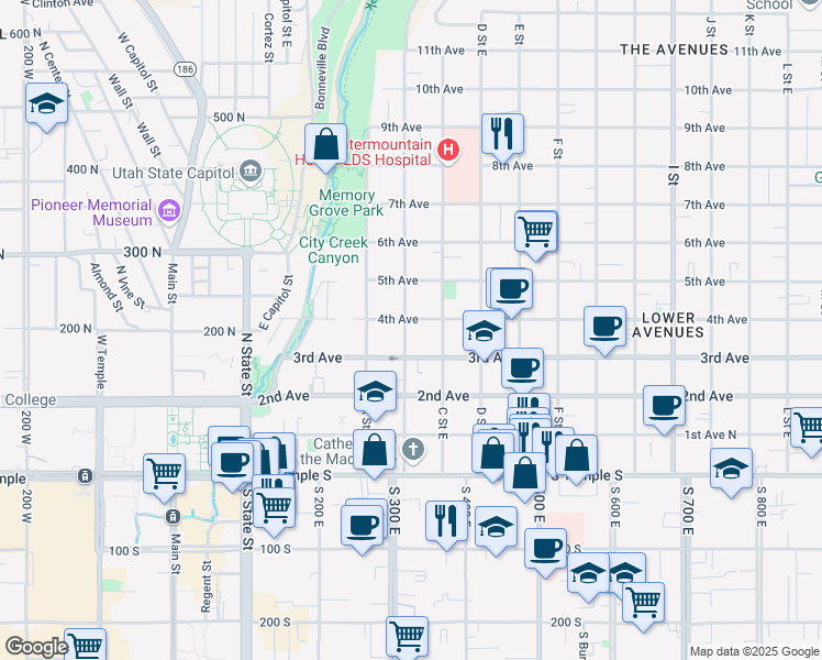 map of restaurants, bars, coffee shops, grocery stores, and more near 266 4th Avenue in Salt Lake City