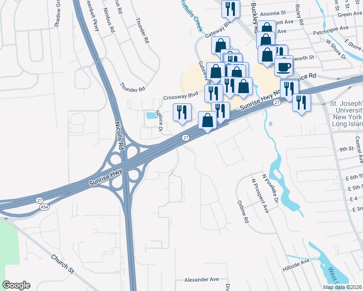 map of restaurants, bars, coffee shops, grocery stores, and more near 1000 Sunrise Highway in Blue Point