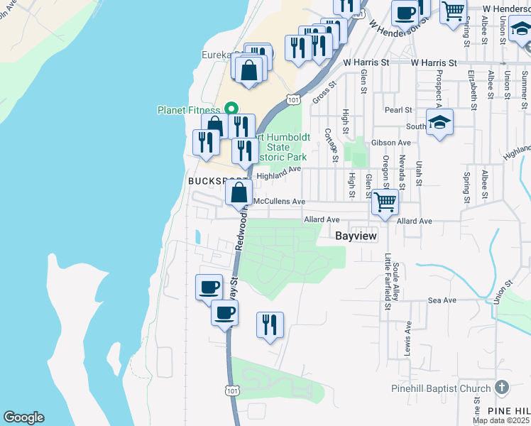 map of restaurants, bars, coffee shops, grocery stores, and more near 1618 Allard Avenue in Eureka