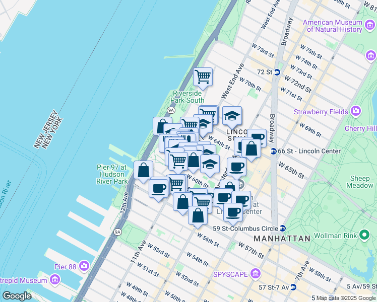 map of restaurants, bars, coffee shops, grocery stores, and more near 234 West 62nd Street in New York