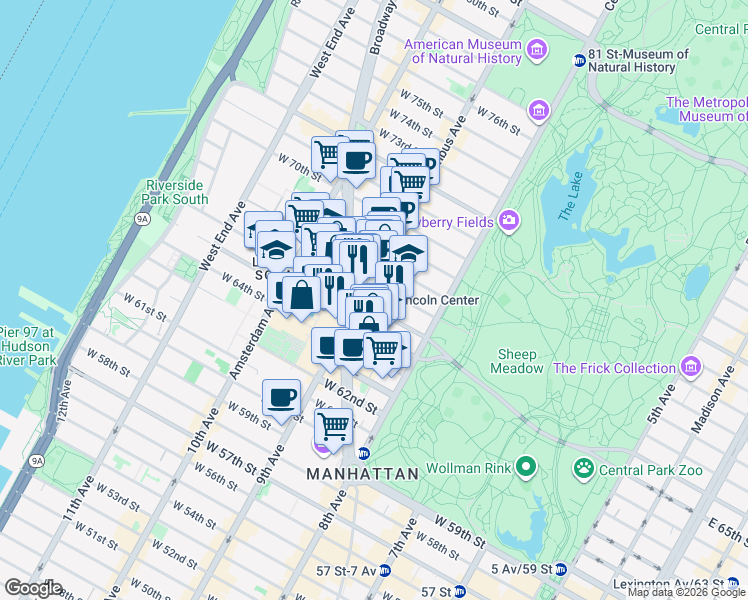 map of restaurants, bars, coffee shops, grocery stores, and more near 147 Columbus Avenue in New York