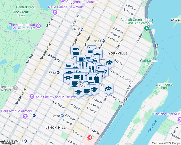 map of restaurants, bars, coffee shops, grocery stores, and more near 308 East 80th Street in New York