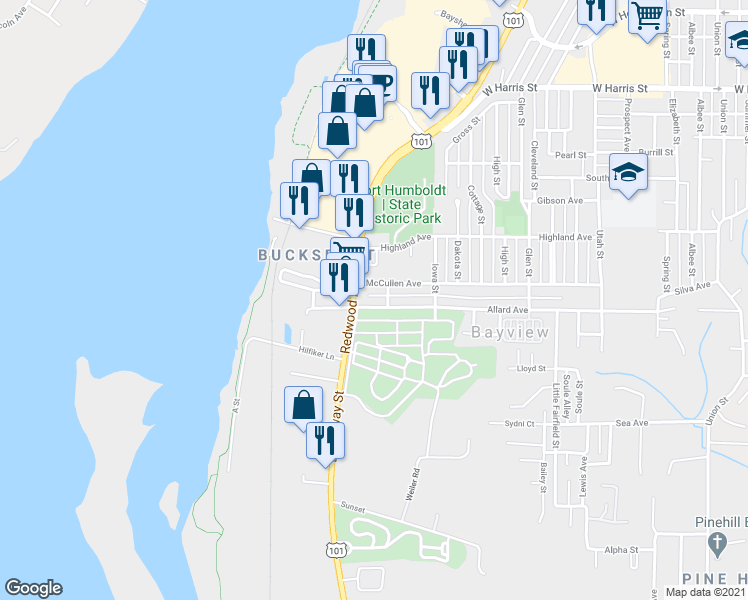 map of restaurants, bars, coffee shops, grocery stores, and more near 1620 Allard Avenue in Eureka