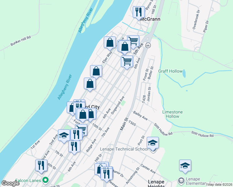 map of restaurants, bars, coffee shops, grocery stores, and more near 1218 6th Avenue in Ford City