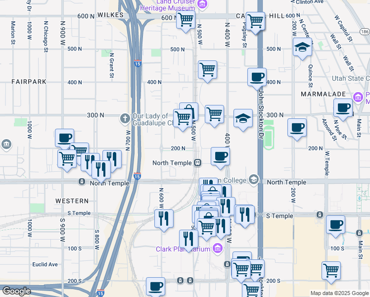 map of restaurants, bars, coffee shops, grocery stores, and more near 523 200 North in Salt Lake City
