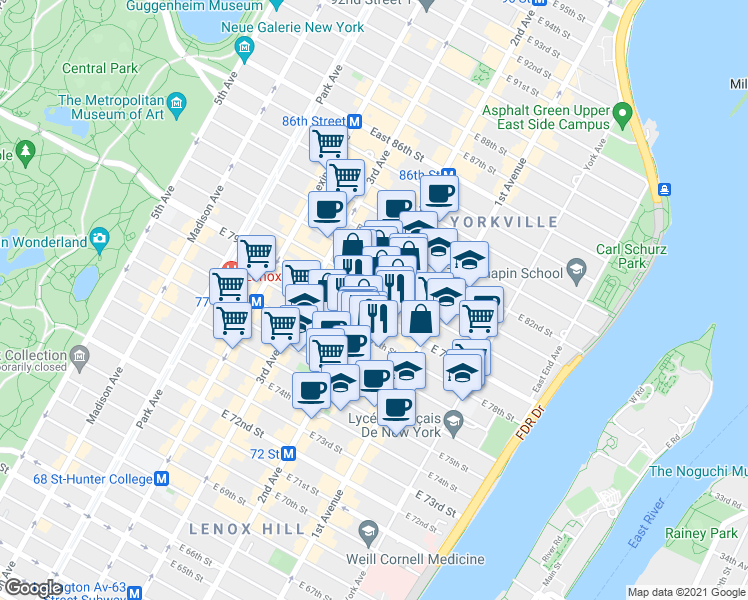 map of restaurants, bars, coffee shops, grocery stores, and more near 1530 2nd Avenue in New York