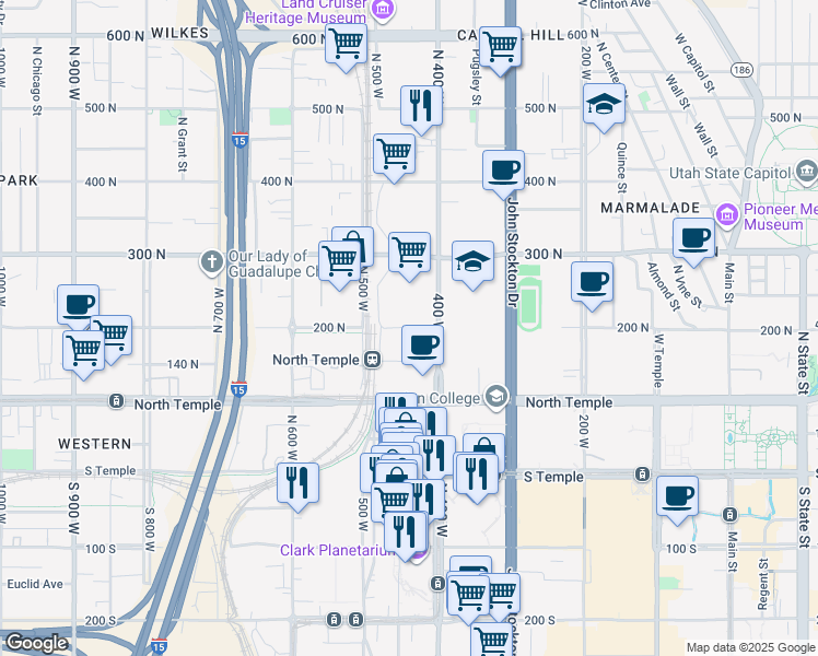 map of restaurants, bars, coffee shops, grocery stores, and more near 425 West 200 North in Salt Lake City