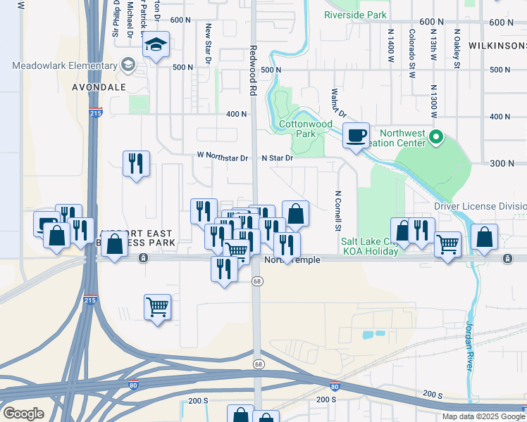 map of restaurants, bars, coffee shops, grocery stores, and more near 3 North Redwood Road in Salt Lake City