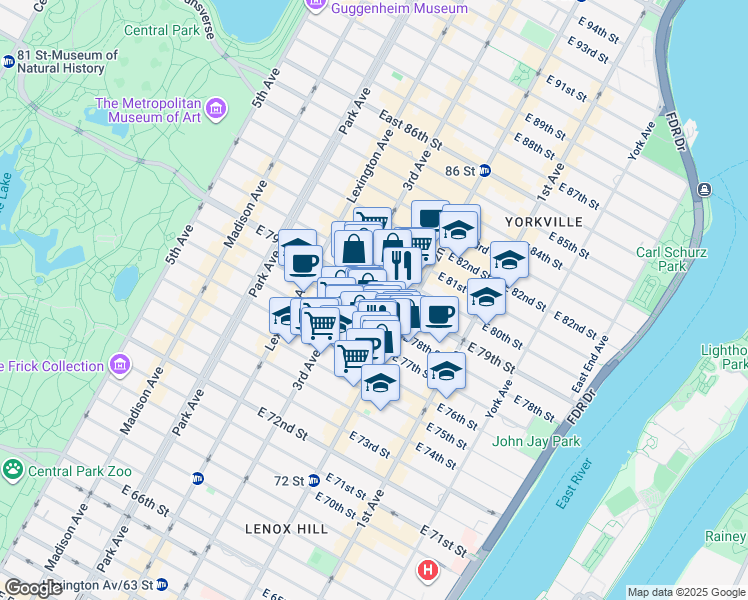 map of restaurants, bars, coffee shops, grocery stores, and more near 220 East 79th Street in New York