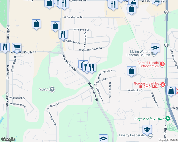 map of restaurants, bars, coffee shops, grocery stores, and more near 1508 West Tiffany Court in Peoria