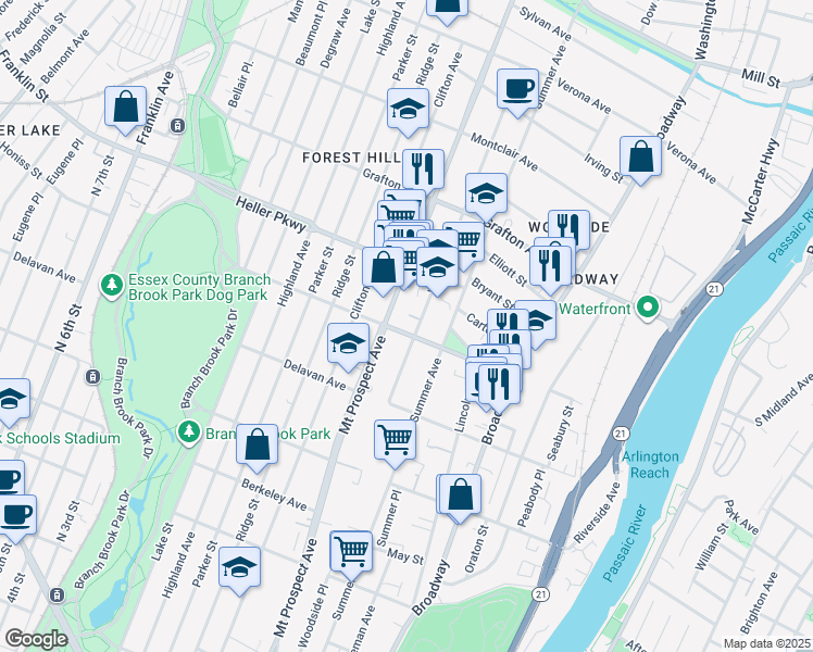 map of restaurants, bars, coffee shops, grocery stores, and more near 198 Woodside Avenue in Newark