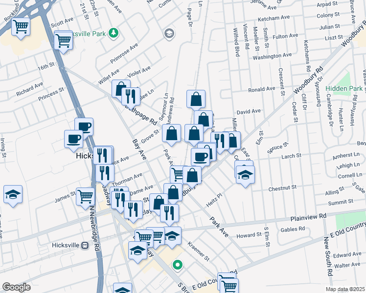 map of restaurants, bars, coffee shops, grocery stores, and more near 4 Bethpage Road in Hicksville