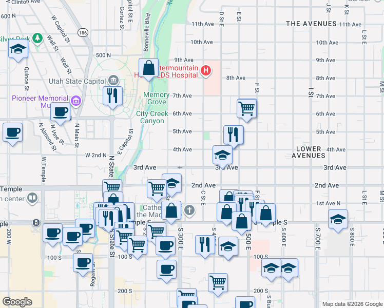 map of restaurants, bars, coffee shops, grocery stores, and more near 153 B Street East in Salt Lake City