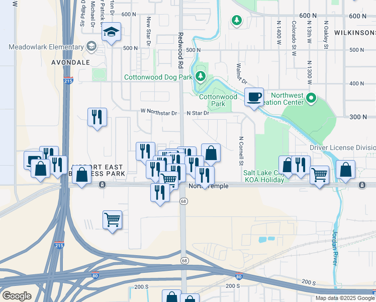 map of restaurants, bars, coffee shops, grocery stores, and more near 3 North Redwood Road in Salt Lake City
