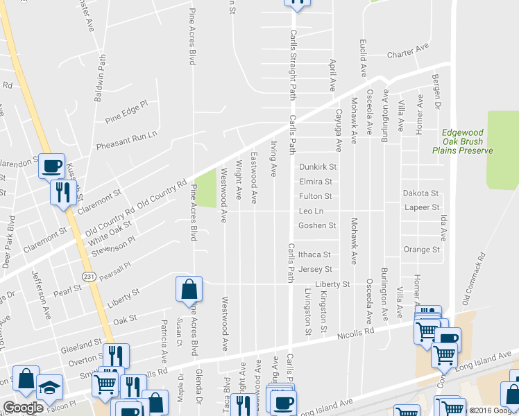 map of restaurants, bars, coffee shops, grocery stores, and more near 222 Eastwood Avenue in Deer Park