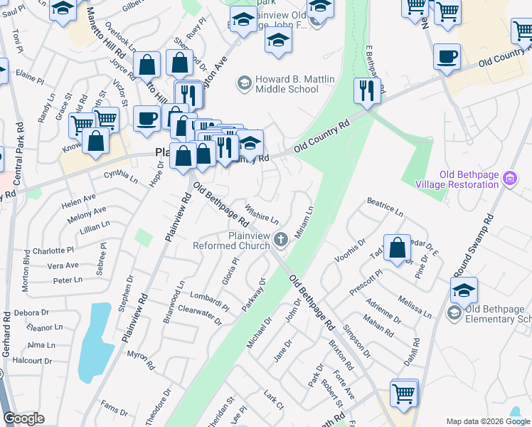 map of restaurants, bars, coffee shops, grocery stores, and more near 550 Old Bethpage Road in Plainview