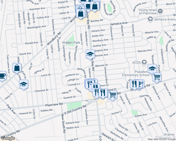 map of restaurants, bars, coffee shops, grocery stores, and more near 45 Berkshire Road in Hicksville