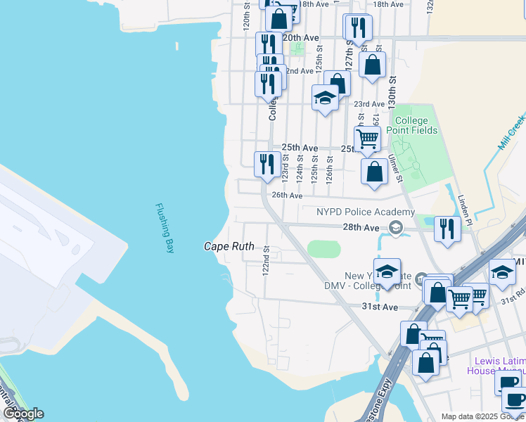 map of restaurants, bars, coffee shops, grocery stores, and more near 28-1 122nd Street in Queens