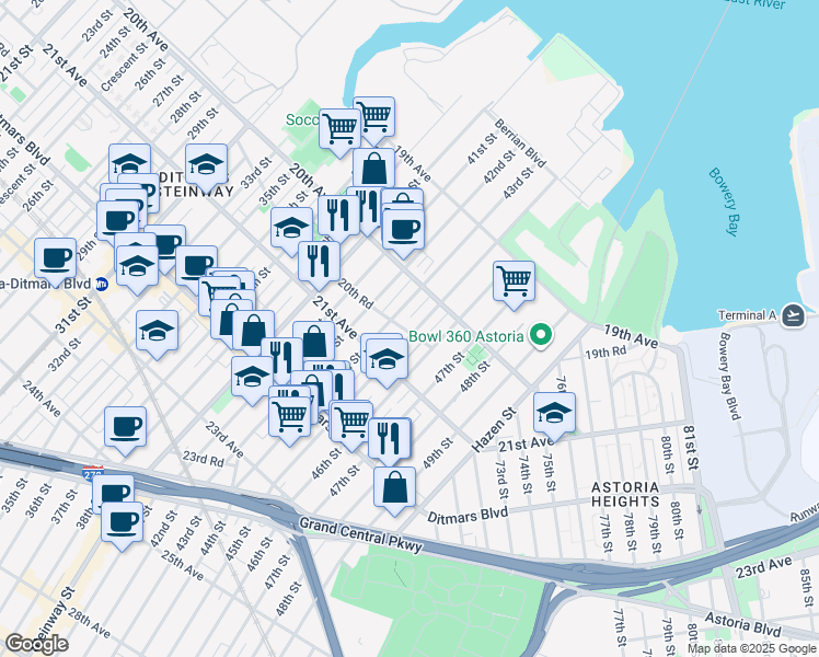 map of restaurants, bars, coffee shops, grocery stores, and more near 20-67 45th Street in Queens