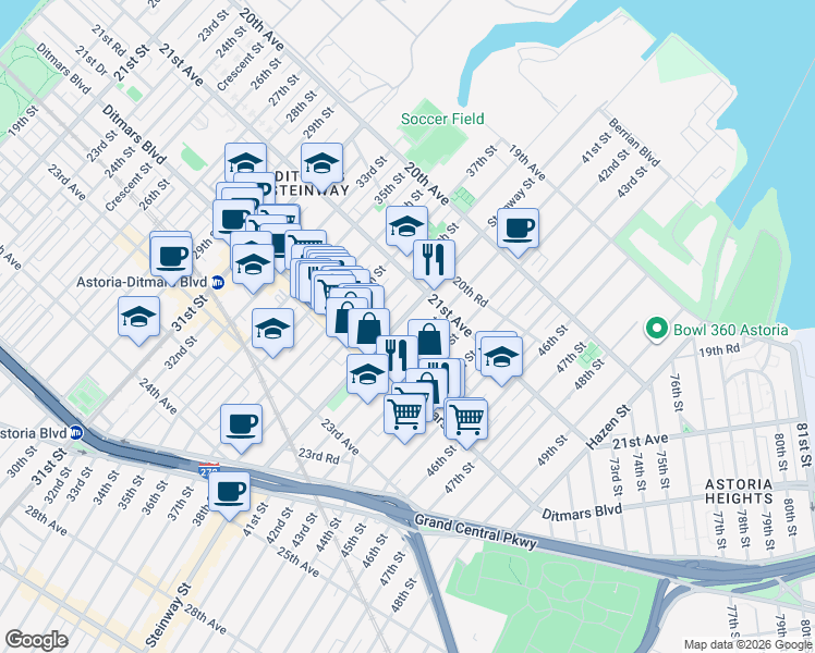 map of restaurants, bars, coffee shops, grocery stores, and more near 21-62 41st Street in Queens
