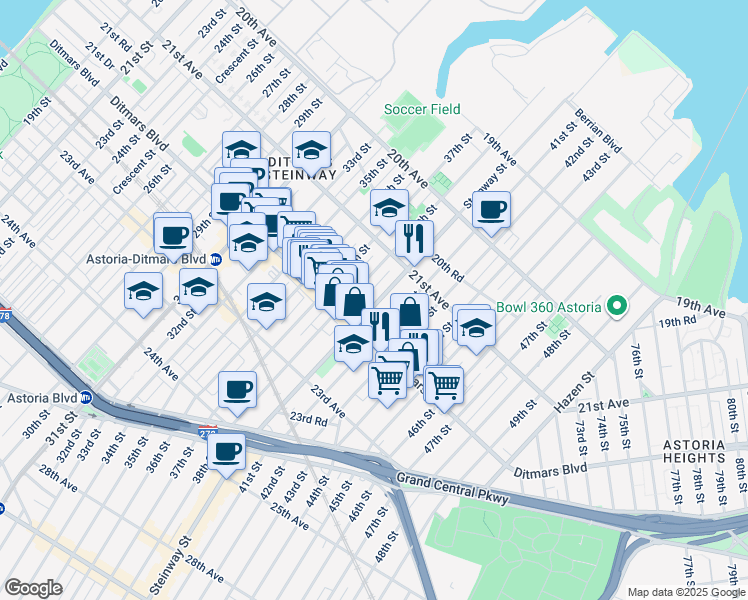 map of restaurants, bars, coffee shops, grocery stores, and more near 21-62 41st Street in Queens