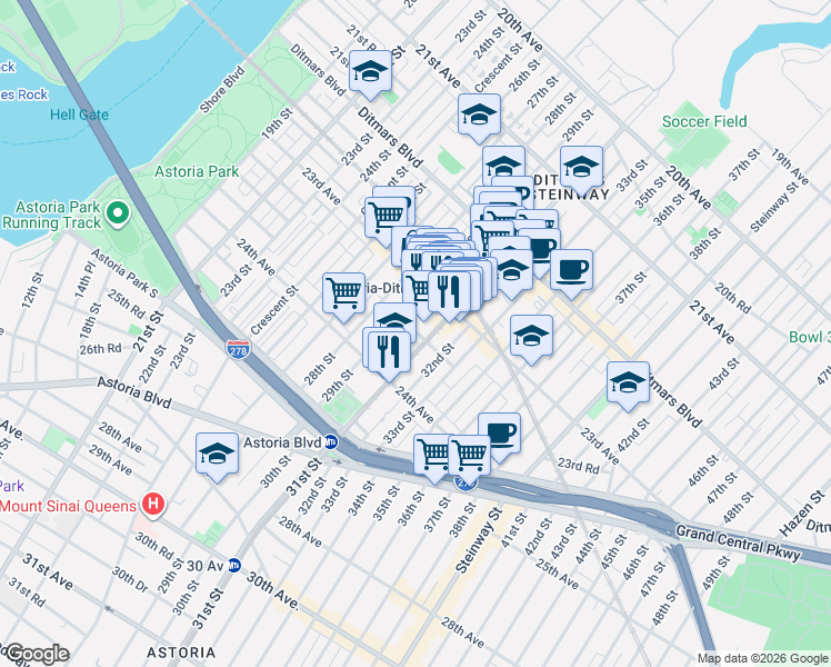 map of restaurants, bars, coffee shops, grocery stores, and more near 23-53 31st Street in Queens