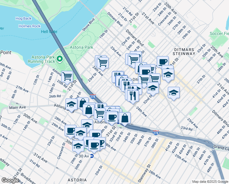 map of restaurants, bars, coffee shops, grocery stores, and more near 24-39 27th Street in Queens