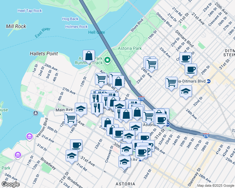 map of restaurants, bars, coffee shops, grocery stores, and more near 25-52 22nd Street in Queens