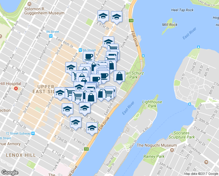 map of restaurants, bars, coffee shops, grocery stores, and more near in New York