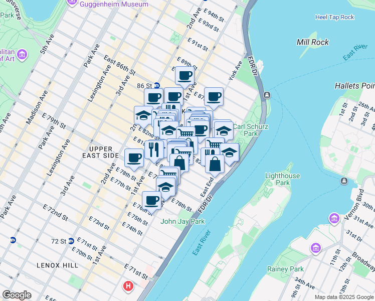 map of restaurants, bars, coffee shops, grocery stores, and more near 506 East 82nd Street in New York