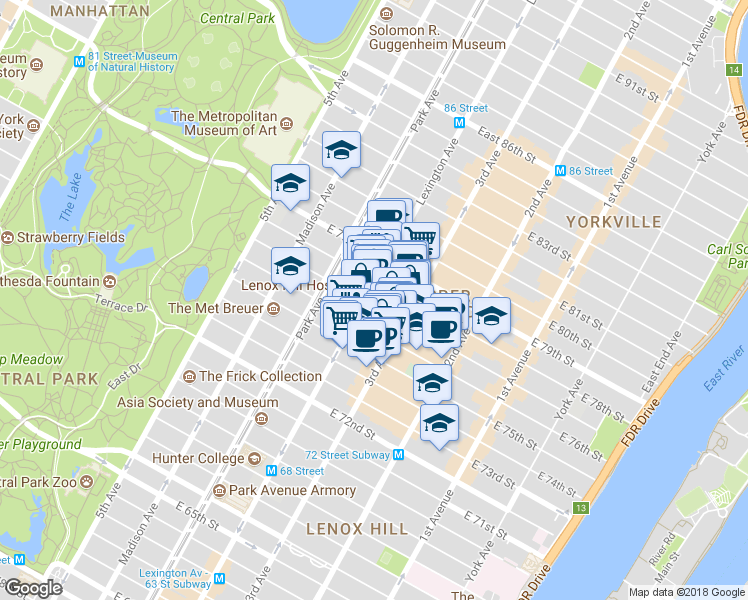 map of restaurants, bars, coffee shops, grocery stores, and more near in New York