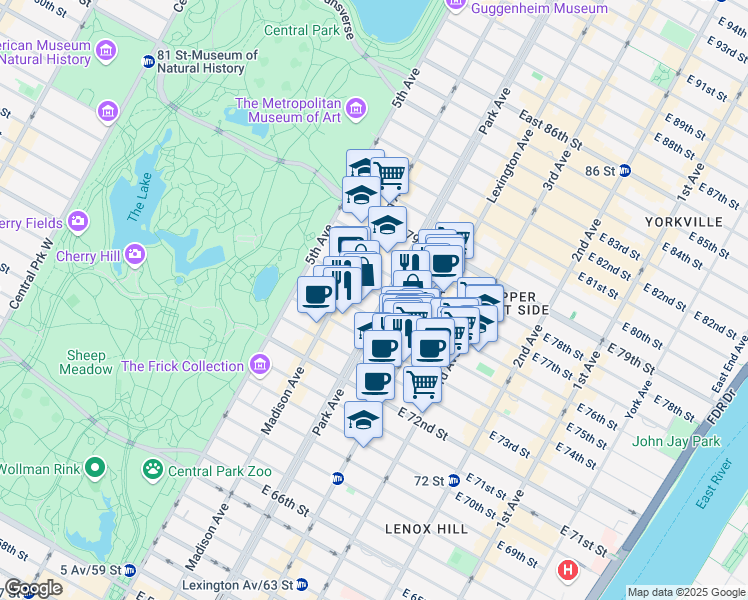map of restaurants, bars, coffee shops, grocery stores, and more near 821 Park Avenue in New York