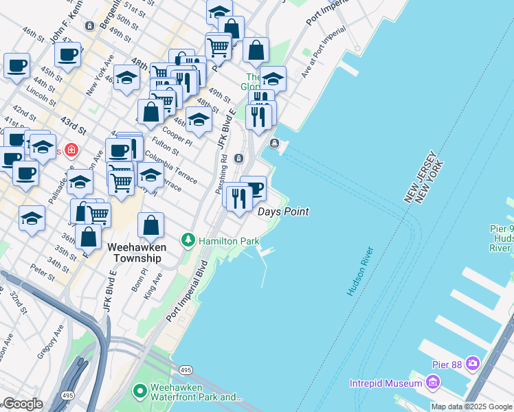 map of restaurants, bars, coffee shops, grocery stores, and more near 1200 Avenue at Port Imperial in Weehawken