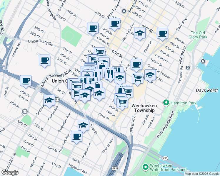 map of restaurants, bars, coffee shops, grocery stores, and more near in Union City